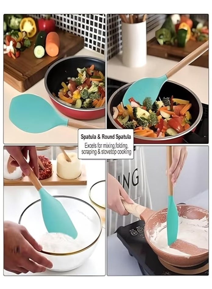 SUKILO طقم أدوات مطبخ من 19 قطعة بمقابض خشبية من السيليكون مع سكاكين، لوح تقطيع، ملاعق طهي، ملعقة تقليب، خفاقات، ملقط، والمزيد – أدوات مطبخ مقاومة للالتصاق وحرارة للطهي والخبز - Image 2